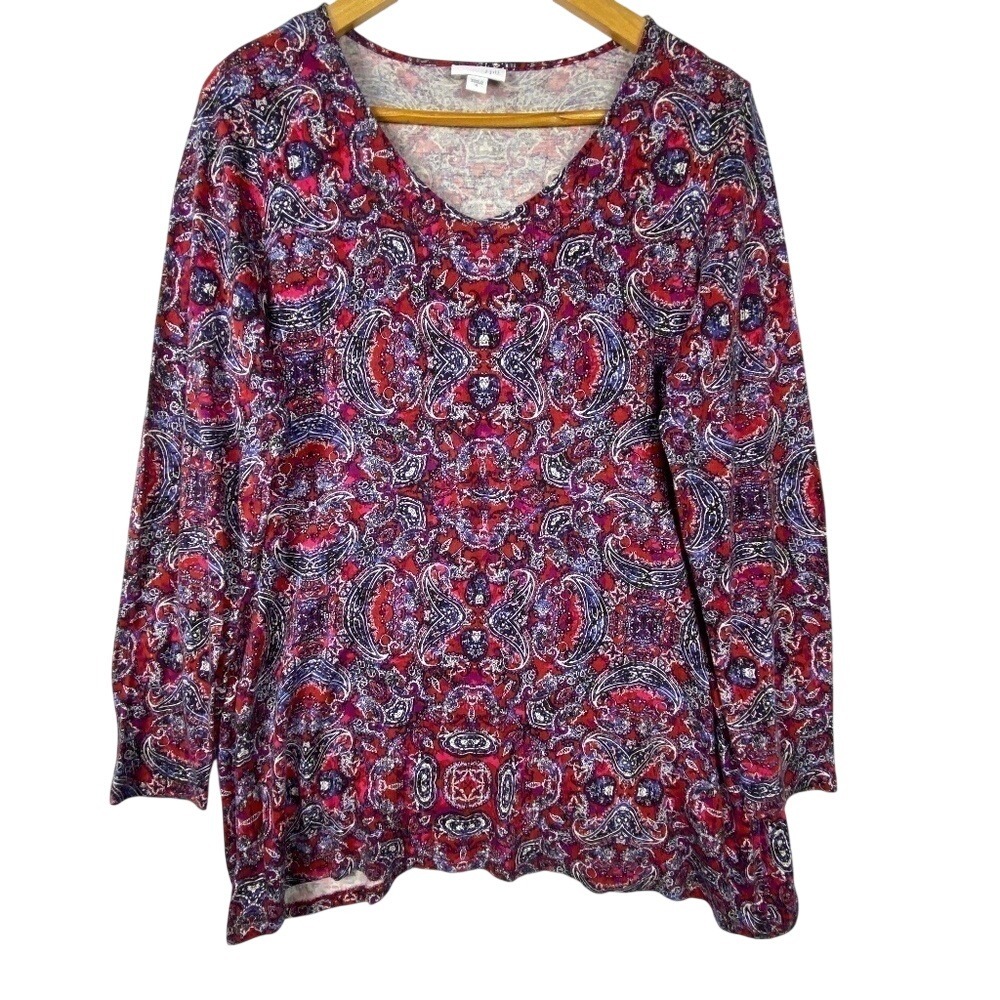 J Jill women Long leeve V neck Tunic T Shirt Sz M Comfort Boho Everyday Holidays
